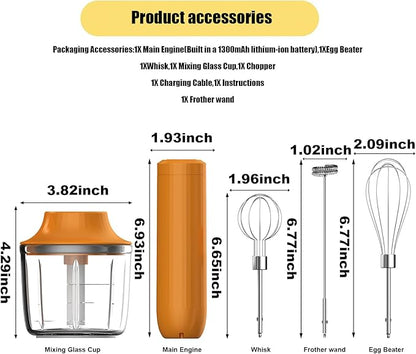 4-in-1 Electric Hand Mixer, Electric Whisk, Mini Onion Chopper 10Oz, Small Cordless Hand Blender, Milk Frother Wand for Coffee, Matcha, 4 Speed Rechargeable Food Processor for Baby Food Maker