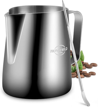Milk Frothing Pitcher 20 oz (600ml) 304 Stainless Steel w/Latte Art Pen & Scale, Barista-Grade Espresso Steaming Jug for Cappuccino, Latte, Home & Commercial Use