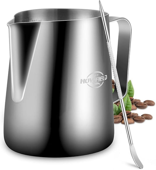 Milk Frothing Pitcher 20 oz (600ml) 304 Stainless Steel w/Latte Art Pen & Scale, Barista-Grade Espresso Steaming Jug for Cappuccino, Latte, Home & Commercial Use