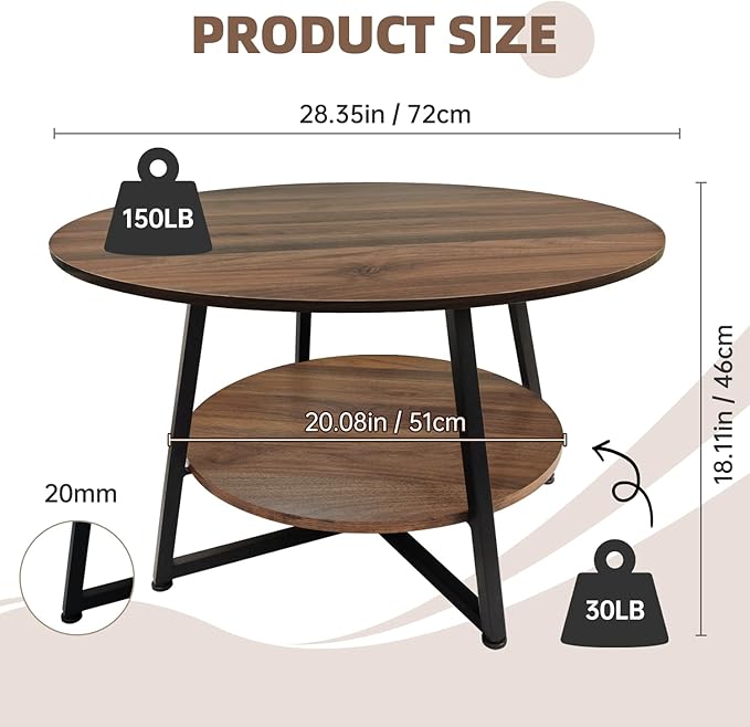 2-Tier Circle Coffee Table with Storage Modern Circular Coffee Table 28.35in Wood Rustic Table for Living Room, Small Space, Home Office, Easy Assembly (Brown)