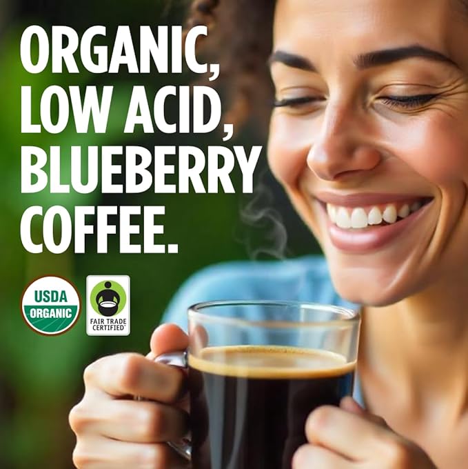 VitaCup Perfect Blueberry Flavored Low Acid Coffee Pods, Organic, Fair Trade, Dark Roast Single Origin from Guatemala, Clean & Pure, Recyclable Single Serve Pods, 16 Ct