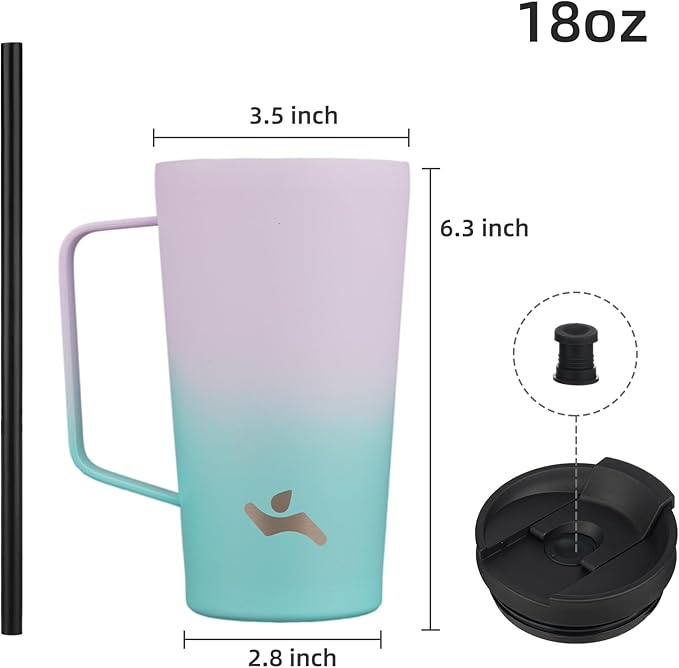 Insulated Tumbler with Handle and Straw, 18 OZ Travel Coffee Mug Stainless Steel Cup Metal Water Bottle,Lavender Green