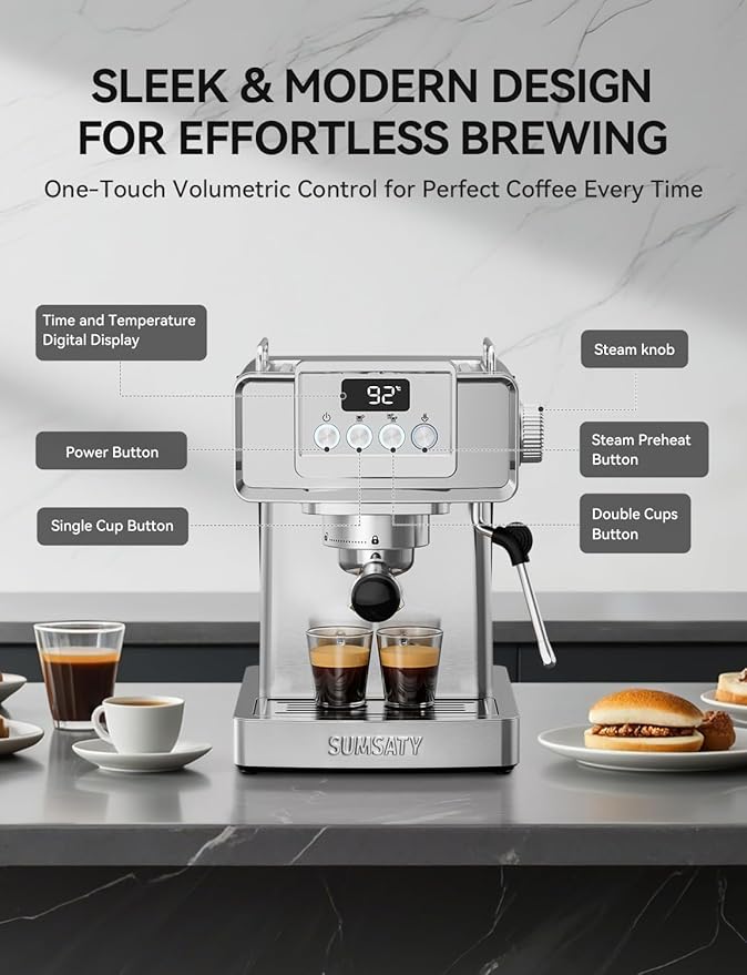 Espresso Machine 20 Bar, Stainless Steel Espresso Maker Professional Coffee Maker with Power Steam & LED Display for Home Barista, Americano, Latte, Cappuccino Machine, 1.8L Water Tank
