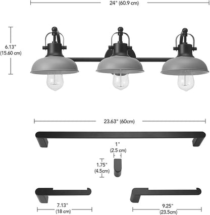 Globe Electric 52065 Gladstone 5-Piece All-In-One Bathroom Set, Matte Black, 3-Light Vanity Light with Matte Gray Metal Shades, Towel Bar, Towel Ring, Robe Hook, Toilet Paper Holder