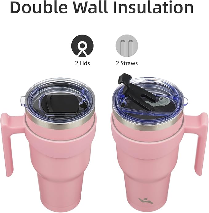 40 oz Tumbler with Handle and 2 Straw 2 Lid, Insulated Water Bottle Stainless Steel Vacuum Cup Reusable Travel Mug, Light Pink