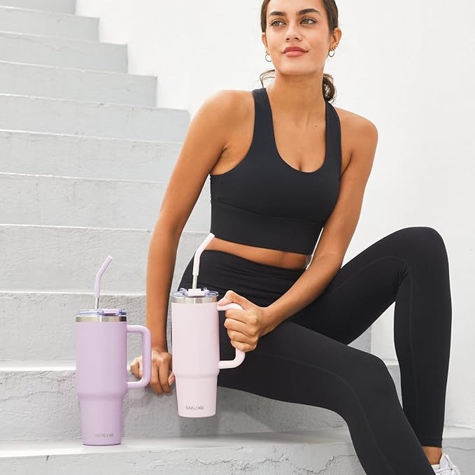 40 oz Tumbler with Handle and Straw Lid,Insulated Reusable Stainless Steel Water Bottle Travel Mug，Cupholder Friendly Double Wall Vacuum Sealed Cup (Lavender Purple)