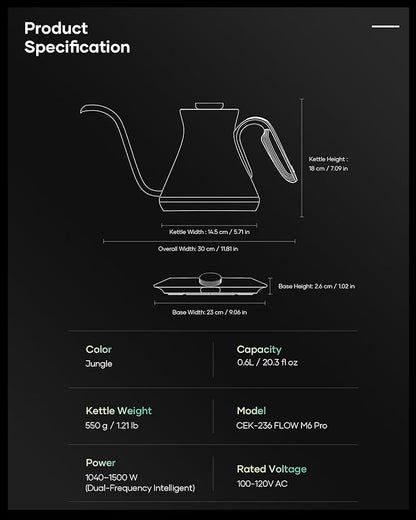 Cocinare FLOW M6 Pro Electric Gooseneck Kettle with Color-Changing Design, ±0.5℉ Temperature Control for Pour-over Coffee & Tea, Stainless Steel Interior, Quick Heating for Boiling Water (Jungle)