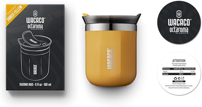 WACACO Octaroma ClassicoTravel Coffee Mug, Double-wall Stainless Steel Travel Tumbler With Drinking Lid, 6 fl oz (180ml), Amber Yellow
