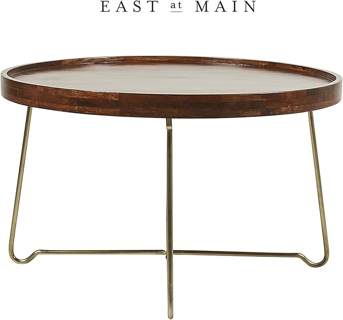 East at Main Aria 30" Round Mango Wood Tray Top Coffee Table with Metal Base – Handcrafted Farmhouse Coffee Table for Living Room