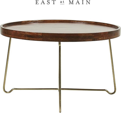 East at Main Aria 30" Round Mango Wood Tray Top Coffee Table with Metal Base – Handcrafted Farmhouse Coffee Table for Living Room