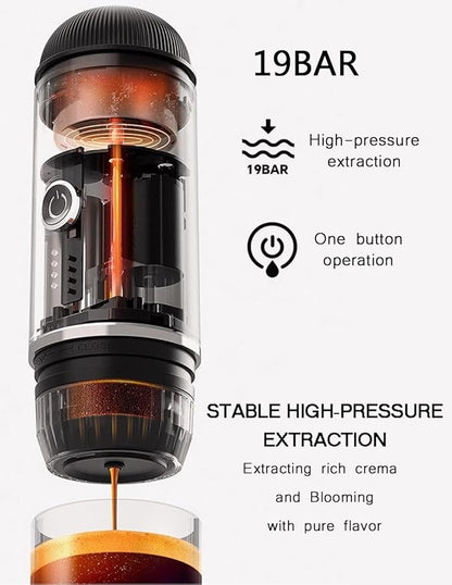 Portable Espresso Coffee Maker Electric Expresso Maker Self Heating Battery Powered, 19 Bar Pressure, Coffee Machine with Ground Coffee & NS Capsule for Travel,Outdoors，Camping,RV,Hiking,Office(Black)