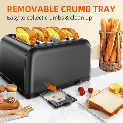Black Toaster 4 Slice, Dual Independent Controls, Extra Wide Slot Toasters for Bagel, Bread, Waffles, 7 Shade Settings, 4 Main Functions, Removable Crumb Tray, 1500 Watts, Black Stainless Steel