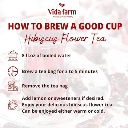 VIDA FARM 75 Hibiscus Tea Bags, Natural Dried Hibiscus Flowers Tea Bags, Roselle Hibiscus Sorrel Tea Jamaica Roselle Tea, No Sugar, No Caffeine, No Gluten