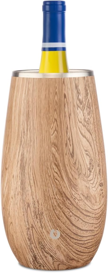 SNOWFOX Premium Vacuum Insulated, Triple Walled, Stainless Steel Wine Chiller w/Optimal fit to keep wine cold longer. Fits most Wine and Champagne Bottles. Non-Slip Silicon Base, Teak