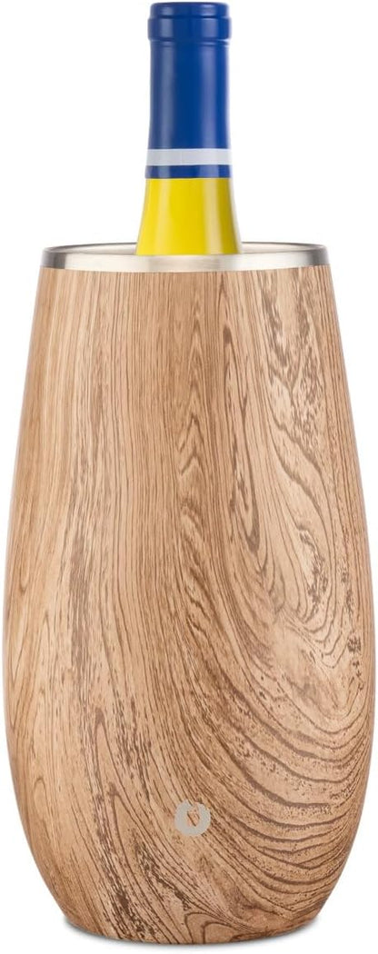 SNOWFOX Premium Vacuum Insulated, Triple Walled, Stainless Steel Wine Chiller w/Optimal fit to keep wine cold longer. Fits most Wine and Champagne Bottles. Non-Slip Silicon Base, Teak