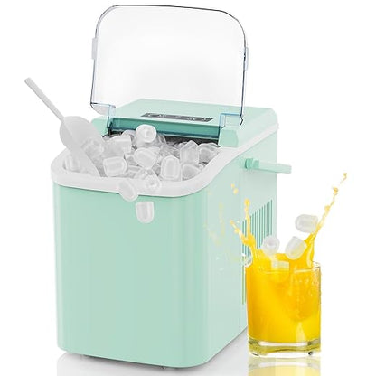 SMUG Ice Makers Countertop with Handle, Portable Ice Machine, 9 Bullet Ice Cubes in 6 Mins, 26lbs in 24Hrs, Auto-Cleaning, with Basket and Scoop, for Home, Kitchen, RV, Camping,Light Green with Handle