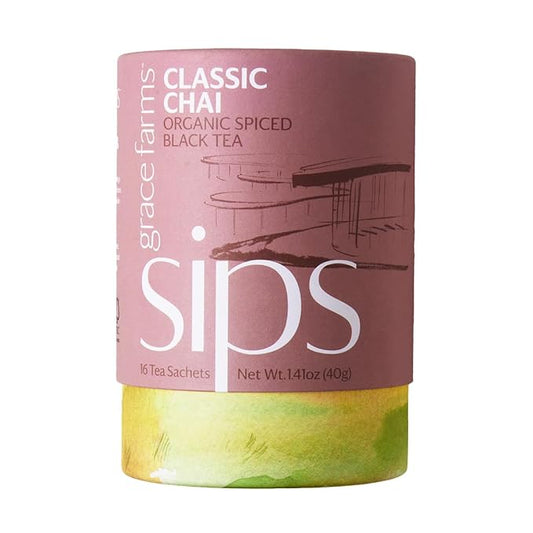 Grace Farms Organic Classic Chai Black Tea, 16 Pyramid Sachets | Ginger & Spices | Fairtrade & Kosher |Gives Back 100% of Profits