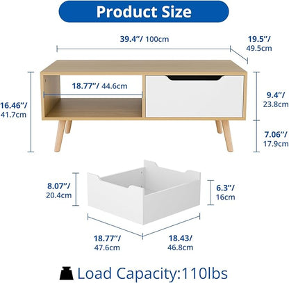Cozy Castle Modern Wooden Coffee Table with Storage, Minimalist Hallway Mid Century Cocktail Table for Living Room Apartment Reception, Oak