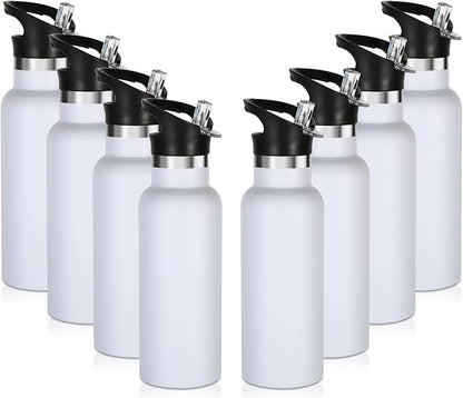 Volhoply 17oz Insulated Water Bottle Bulk 8 Pack,Stainless Steel Kids Water Bottles with Straw Lid,Reusable Metal Water Bottle,Double Wall Vacuum Sports School Flask Keep Cold (White,8 Set)