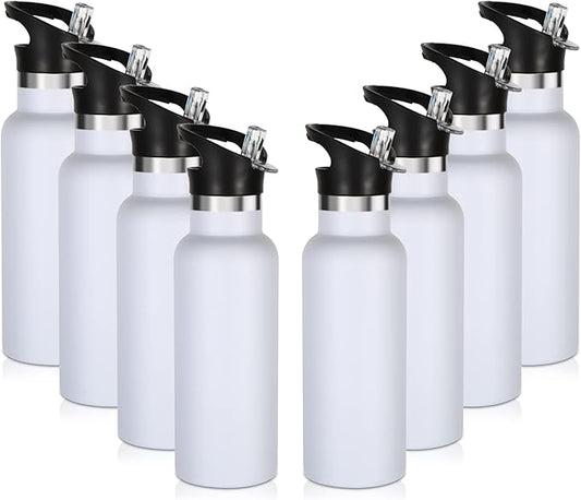 Volhoply 17oz Insulated Water Bottle Bulk 8 Pack,Stainless Steel Kids Water Bottles with Straw Lid,Reusable Metal Water Bottle,Double Wall Vacuum Sports School Flask Keep Cold (White,8 Set)