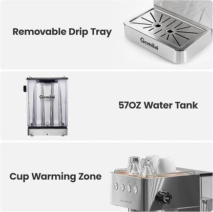 Espresso Machine, Espresso Maker with Milk Frother Steam Wand & 57OZ Water Tank for Latte Macchiato Cappuccino, Brushed Stainless Steel G3005E