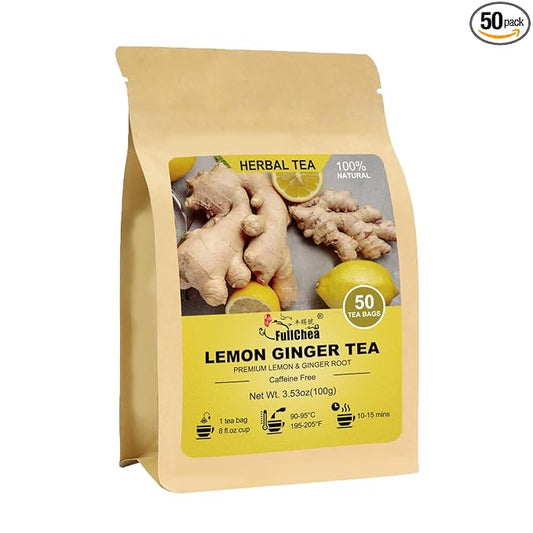 FullChea - Lemon Ginger Tea Bags, 50 Teabags - Pleasantly Spicy & Warming - Non-GMO - Caffeine-free - Support Healthy Digestion & Boost Immunity