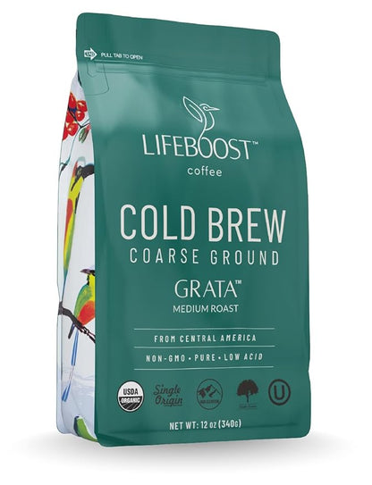 Lifeboost Low Acid Cold Brew Coffee – Organic Coarse Ground Medium Roast for Cold Brew – Single Origin, Non-GMO, 3rd Party Tested for Mycotoxins & Pesticides, USDA Organic – Smooth & Bold Flavor – 12 oz Bag