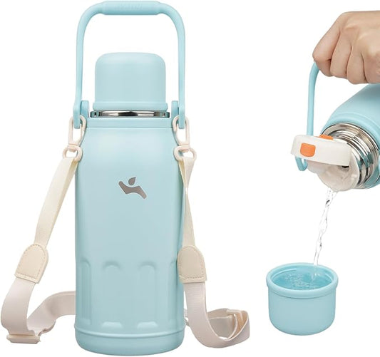Insulated Water Bottle with Handle and Strap,Vacuum Travel Tumbler with Cup Lid,Thermo Coffee Cup for Hot Cold Drinks 40 OZ,Cyan Blue