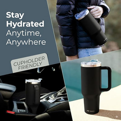 40 oz Tumbler With Handle and Straw Made of Stainless Steel - Double Wall Vacuum Insulated Tumbler With Lid - Sweat Proof Easy Grip, BPA-Free, Dishwasher Safe Tumbler (Black)