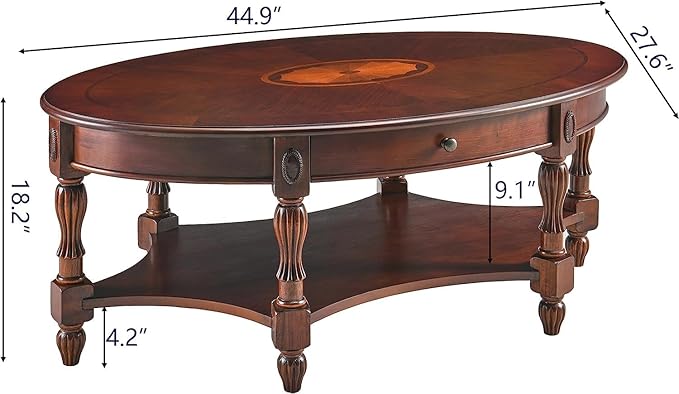 Solid Wood Oval Coffee Table with Drawer and Storage Shelf, Traditional Vintage Center Table Polished Edging Cocktail Tea Table for Living Room Bedroom Home, Cherry Walnut