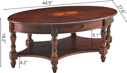 Solid Wood Oval Coffee Table with Drawer and Storage Shelf, Traditional Vintage Center Table Polished Edging Cocktail Tea Table for Living Room Bedroom Home, Cherry Walnut