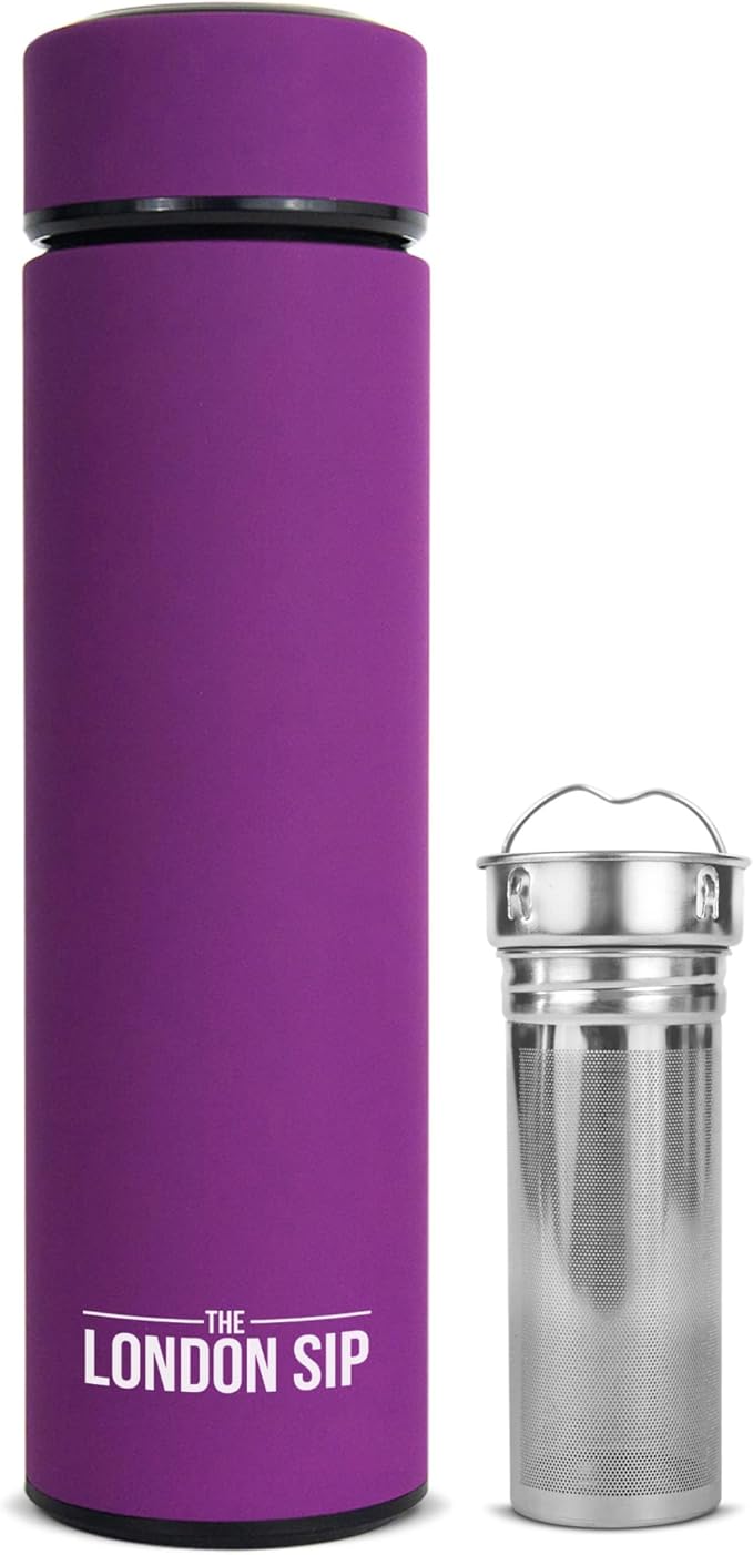 London Sip Multi-Purpose Travel Mug and Tumbler Fruit Infused Flask Hot and Cold Double Wall Stainless Steel Thermos with Extra-Long Infuser, Purple