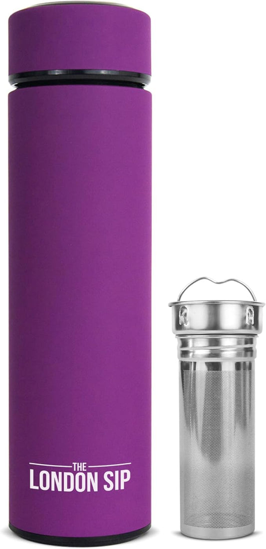 London Sip Multi-Purpose Travel Mug and Tumbler Fruit Infused Flask Hot and Cold Double Wall Stainless Steel Thermos with Extra-Long Infuser, Purple