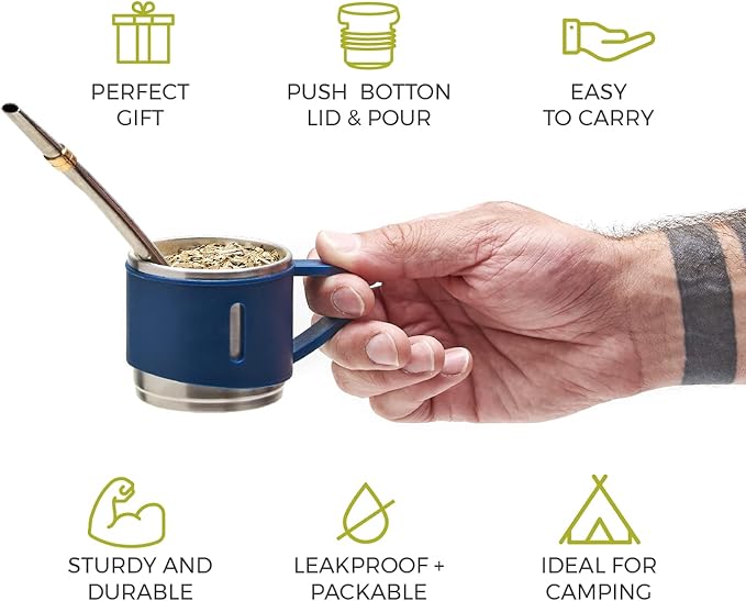 BALIBETOV Camping Thermal Flask for Mate - Vacuum Insulated With Double Stainless Steel Wall- A Mate Thermal Flask Specially Designed as Mate Argentino Kit that includes Bombilla and Mate Cup (Blue)