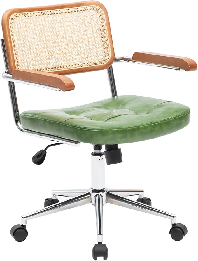 Rattan Office Chairs, Modern Rattan Desk Chair with Natural Back & Wood Armrest, Small Upholstered Tufted Leather Home Office Desk Chairs for Home Office, Bedroom, Study, Green