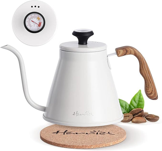Harriet Gooseneck Kettle with Thermometer for Pour Over Coffee and Tea, 37 fl oz, Stainless Steel, Durable 3-Layer Base, Ideal Spout for Precision Pouring, Compatible with all Stove Tops, White