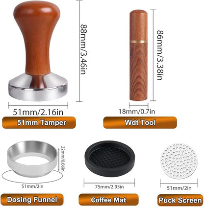 51mm Espresso Accessories Kit,Wdt Tool Espresso,Solid Espresso Tamper,Coffee Puck Screen and Dosing Funnel,Silicone Tamper Mat,0.4mm Stainless Steel 6pin Espresso Stirrer,Barista Tools Espresso Kit