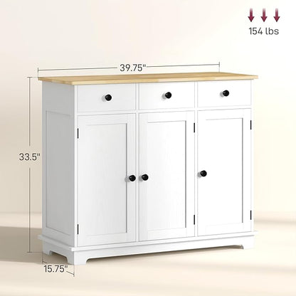 HOMCOM Sideboard with Solid Wood Countertop, Modern Kitchen Storage Cabinet, Coffee Bar Cabinet with 3 Drawers, Doors and Adjustable Shelf, Distressed White