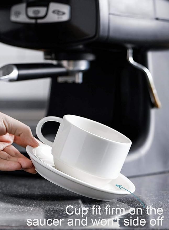 Sweese 8 Ounce Porcelain Stackable Cappuccino Cups with Saucers and Metal Stand - for Specialty Coffee Drinks, Cappuccino, Latte, Americano and Tea - Set of 4, White