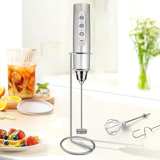 Milk Frother with Stand Rechargeable-Handheld Frother Wand with 3 Stainless Whisks 3 Speed Adjustable, Electric Whisk Drink Mixer, Foam Maker Blender for Matcha Latte Cappuccino Chocolate