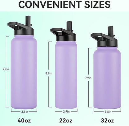 DOMICARE Insulated Water Bottle, 22 oz Vacuum Insulated Stainless Steel Reusable Sports Bottle with Straw Lid & Spout Lid for Travel, Camping, Bike, Leakproof, Purple, 1 Pack