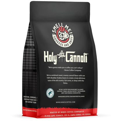 Bones Coffee Company Holy Cannoli, Baked Cannoli Flavored Coffee, Medium Roast Low Acid Arabica Beans Compatible with Auto drip and French Press Coffee Maker, 12 Oz Whole Bean