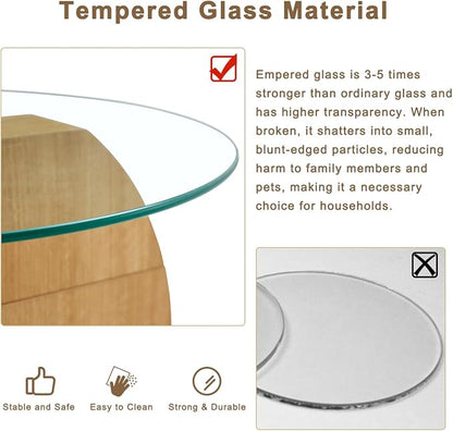 35 Inch Glass Coffee Table，Round Coffee Table with 2-Tier Tempered Glass Tabletop，Easy to Clean Circle Coffee Table with Sturdy Base for Living Room，Office (Wood-Colored Base)