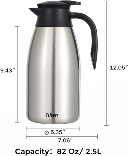 Tiken 85 Oz Thermal Coffee Carafe, Stainless Steel Insulated Vacuum Coffee Carafes For Keeping Hot, 2.5 Liter Beverage Dispenser (Silver)
