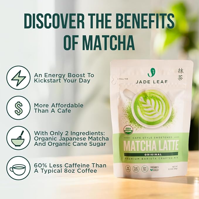Jade Leaf Matcha Organic Cafe Style Sweetened Matcha Latte Green Tea Powder, Premium Barista Crafted Mix - Authentically Japanese, 100 Servings (2.2 Pound Bulk Tub)