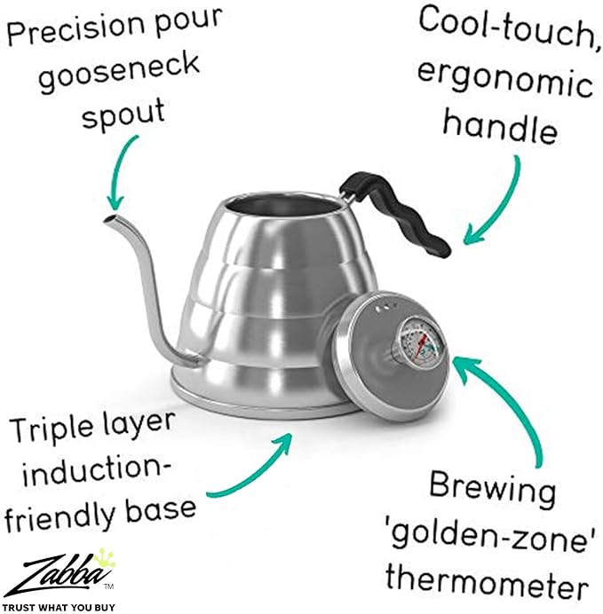Gooseneck Kettle with Thermometer - 34oz Premium Stainless Steel Pour Over Coffee Maker Kettle, Stove Top, w/Precision Drip Spout, for Drip Coffee, French Press, Tea Kettle, 4 Cup