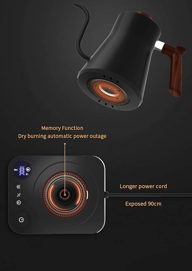 Smart Digital Electric Kettle with Variable Temperature Control, Stainless Steel Inner, 1200W Quick Heating Gooseneck Electric Kettles, Stylish Matte Finish for Coffee & Hot Beverages, 0.9L (Black)