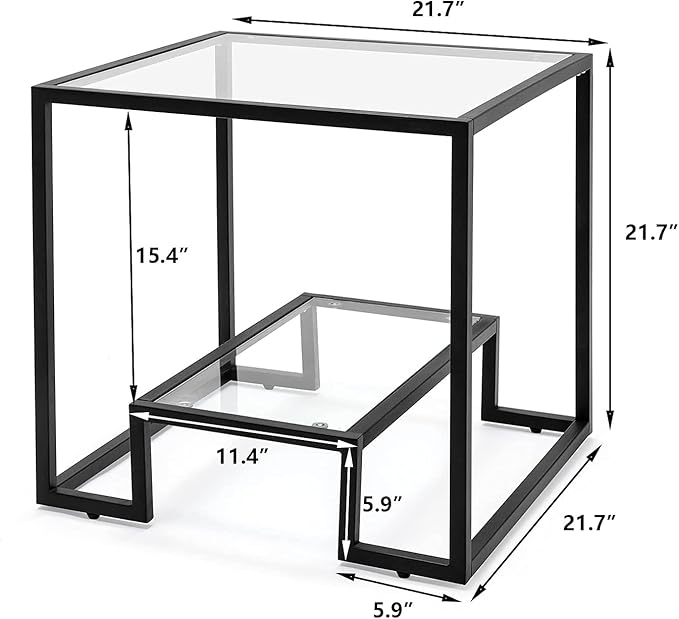 COSVALVE Modern 21 inch Accent Tempered Glass Top End Table, Black Legs Side Table, Line Metal Frame, Minimalist Metal Style for Living Room Home Furniture Office Decor