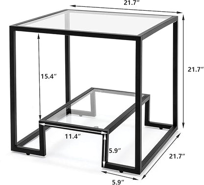 COSVALVE Modern 21 inch Accent Tempered Glass Top End Table, Black Legs Side Table, Line Metal Frame, Minimalist Metal Style for Living Room Home Furniture Office Decor