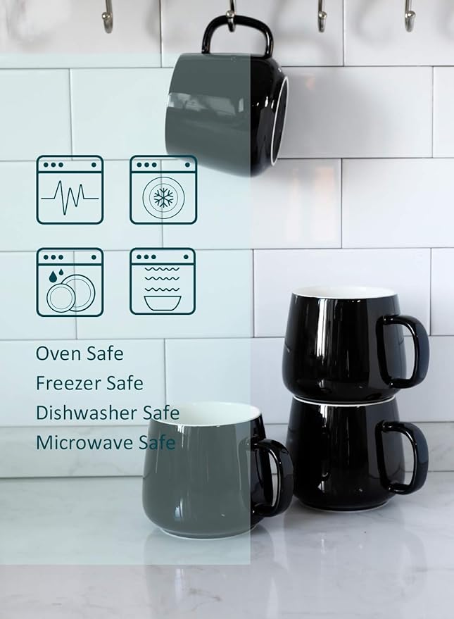 Teocera Ceramic Coffee Mug Set of 4-12 oz Coffee Mugs with Large Handles for Hot or Cold Drinks Like Latte, Cocoa, Tea or Juice - Smooth Ceramic, Dishwasher Safe，Black